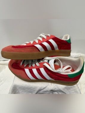 adidas Gazelle Red & Coral Sneakers with White Stripes and Green Heel